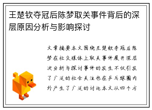 王楚钦夺冠后陈梦取关事件背后的深层原因分析与影响探讨