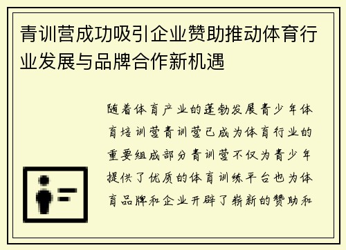 青训营成功吸引企业赞助推动体育行业发展与品牌合作新机遇
